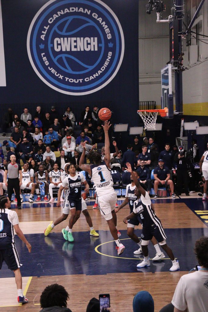 A competitive youth basketball team participating in showcase event